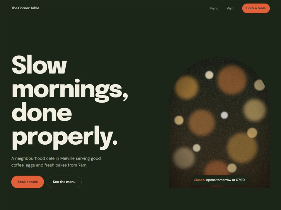 The Corner Table, a concept website for a neighbourhood cafe