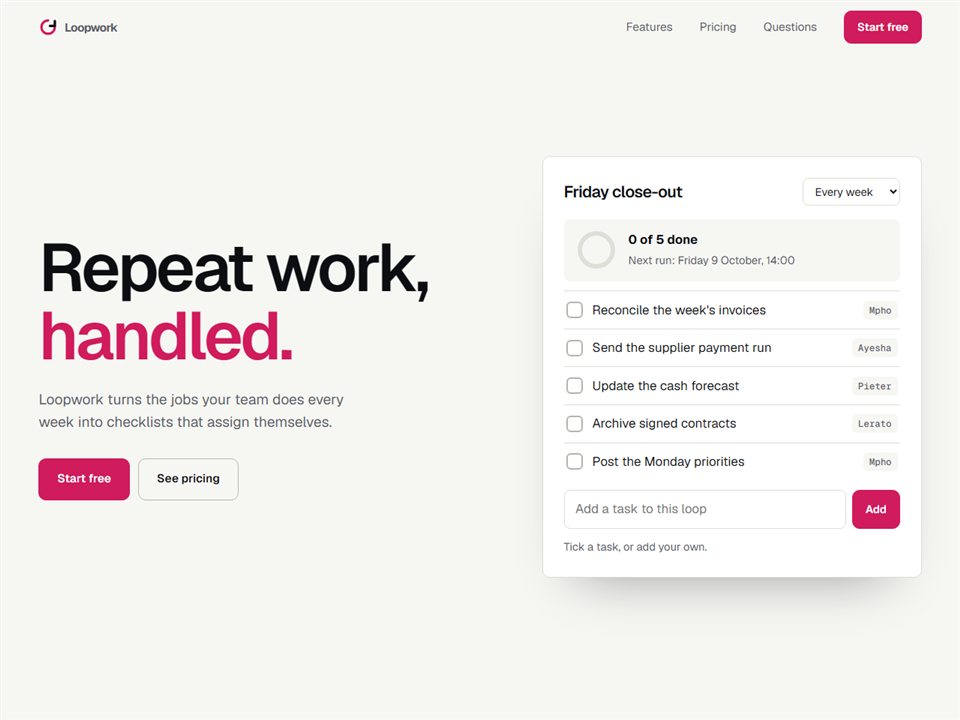 Loopwork, a concept website for a checklist software product
